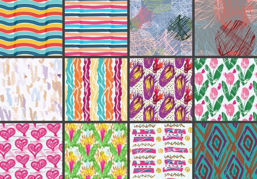 Seamless Pattern Set with Marker Brush Doodle and Strokes 