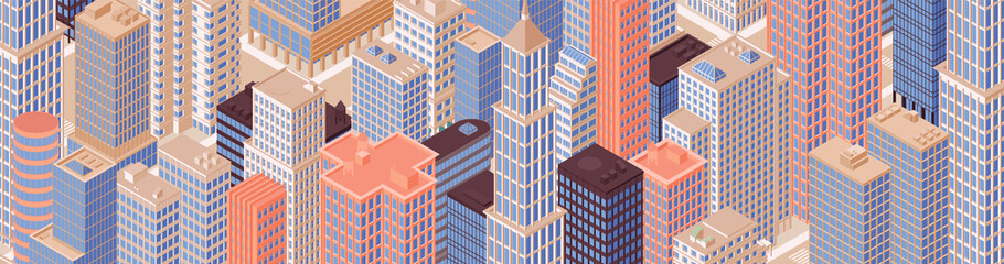 Isometric panoramic city centre, cityscape, city skyline. Vector illustration in flat design.