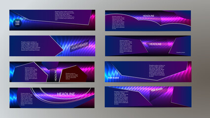 Design elements presentation template. Set horizontal banners background purple glow light effect. Vector illustration EPS for brochure template, business card layout, flyer cover page mockup