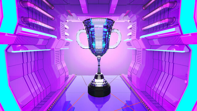 The crystal trophy is placed in futuristic theme spaceship interior by violet on the wall and light blue neon for winner e-sport concept,3d rendering.  