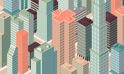 Fototapeta premium Isometric panoramic city centre, cityscape, city skyline. Vector illustration in flat design.
