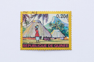Guinea Republic Postage Stamp. circa 1968. Coyah - Region Dubreka. African Women Carrying Basket on her head. 0,20 F