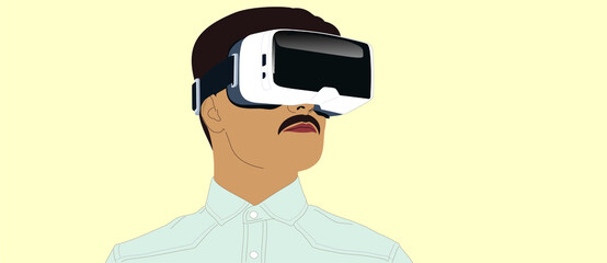 Young man wearing virtual or augmented reality glasses. Vector illustration concept template