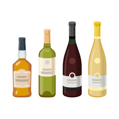 Wine bottles and cognac bottle. Grape product, vector illustration isolated on white background.