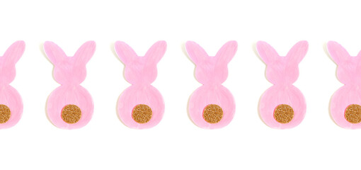 Easter pink paper bunny pattern. Banner size. Isolated on white.