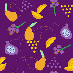 Abstract seamless drawing. Hand-drawn fruit in a simple shape. Grapes, yellow pear, orange slices and figs. Illustration as a children's drawing and line art. vector