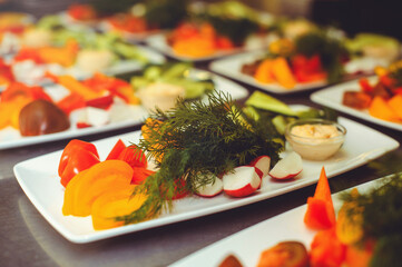 Fresh vegetable salad with radish, cucumber, bell pepper, tomatoes and herbs in a ceramic bowl restaurant dish. Selective focus