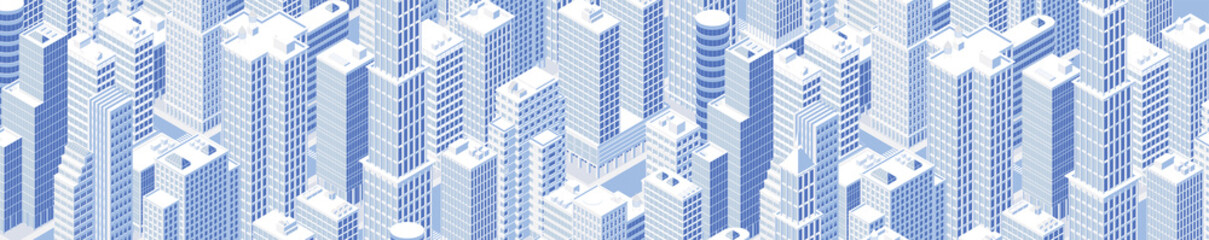 Isometric panoramic city centre, cityscape, city skyline. Vector illustration in flat design.