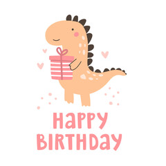 Cute doodle illustration with dinosaur character and text lettering 