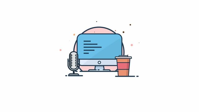 Cool colorful animated monitor, coffe and microphone. Simple podcast icon. Shape animation. Vector animation.