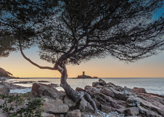 Coucher de soleil sur l'&icirc;le d'or sur la C&ocirc;te d'Azur