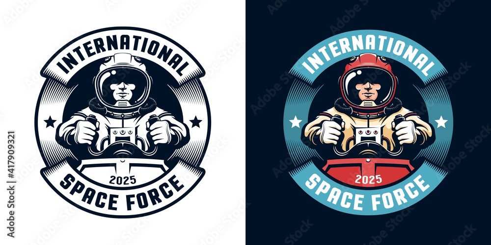 Wall mural astronaut retro badge with spaceship pilot. space academy vintage logo with spaceman. vector illustr