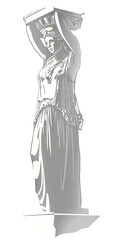 Figure of a caryatid. A woman with raised hands holds a fragment of the building gable on her head. Styling a Greek statue. Illustration.