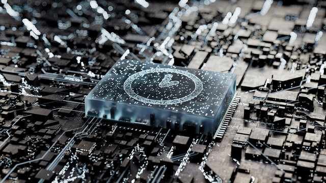 Time Technology Concept with clock symbol on a Microchip. Data flows from the CPU across a Futuristic Motherboard. 3D render.
