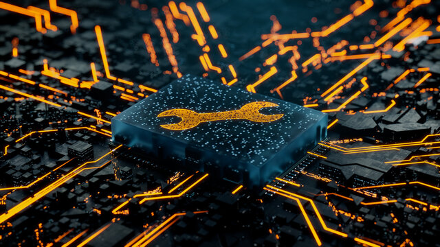 Configure Technology Concept with tool symbol on a Microchip. Data flows from the CPU across a Futuristic Motherboard. 3D render.