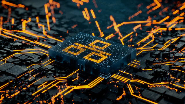 Network Technology Concept with ethernet symbol on a Microchip. Data flows from the CPU across a Futuristic Motherboard. 3D render.
