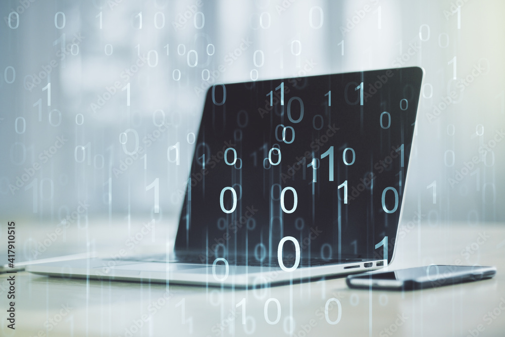 Aufkleber creative concept of binary code illustration on modern laptop background. big data and coding concep