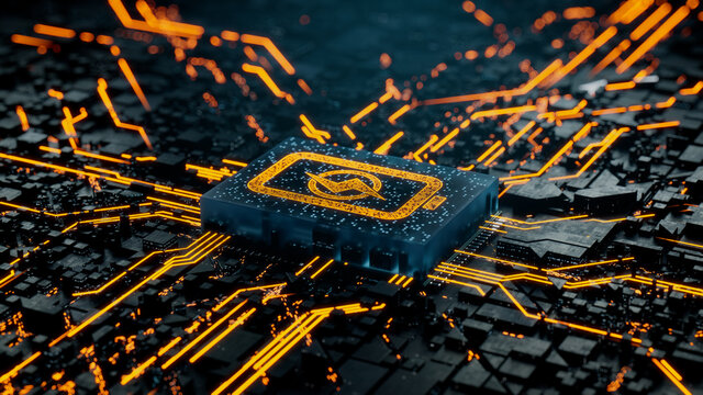 Energy Technology Concept with battery symbol on a Microchip. Data flows from the CPU across a Futuristic Motherboard. 3D render.