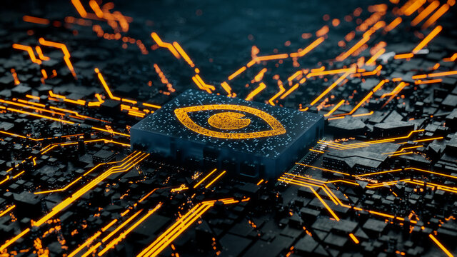 Vision Technology Concept with eye symbol on a Microchip. Data flows from the CPU across a Futuristic Motherboard. 3D render.