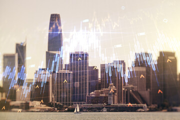 Multi exposure of virtual abstract financial chart hologram and world map on San Francisco skyscrapers background, research and analytics concept