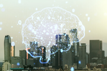 Double exposure of creative human brain microcircuit hologram on Los Angeles office buildings background. Future technology and AI concept