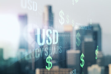 Virtual USD symbols illustration on blurry skyline background. Trading and currency concept. Multiexposure