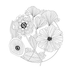 Fototapeta premium Outline zentangle flowers in black and white for adult coloring books, doodles monocrome floral vector pattern.