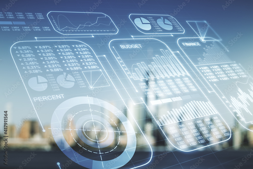 Poster multi exposure of abstract statistics data hologram interface on blurry office buildings background,