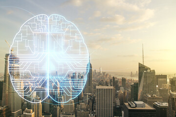 Double exposure of creative artificial Intelligence interface on New York city skyscrapers background. Neural networks and machine learning concept