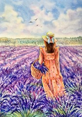 Watercolor lavender field. Girl, beautiful model in lavender fields in Provence. Design element. Copy space. 