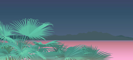 tropical palm bush and stromy sunny - obrazy, fototapety, plakaty