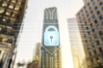 Double exposure of virtual creative lock hologram with chip on modern skyscrapers background. Information security concept