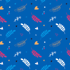 Fototapeta na wymiar Vector children's seamless pattern with leaves, hearts and stars on a blue background in doodle style. Graphics for T-shirts, fabrics, textiles, pajamas, prints, gifts