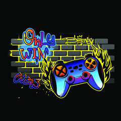 Game pads illustration. T shirt design gamepad with firetrack on grunge brickwall and gaffiti lettering composition. © Kseniia Koval