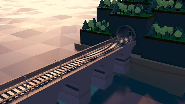 Digital animation of train carrying trees across the bridge to the tunnel at the sunset. 3-d animated train on railway cross over a bridge. Cartoon animation design 4k.