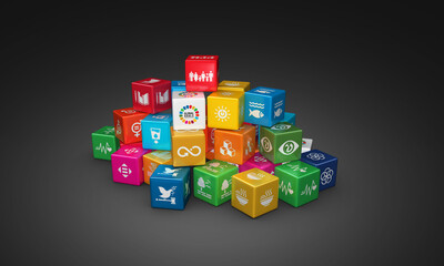 3D rendering colorful cubes Illustration of Corporate social responsibility. Concept design to create a Sustainable world. 3D Icons. 3D Illustration.