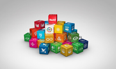 3D rendering colorful cubes Illustration of Corporate social responsibility. Concept design to create a Sustainable world. 3D Icons. 3D Illustration.