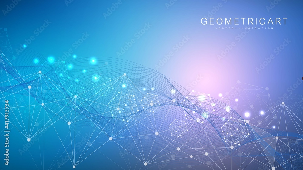 Poster geometric abstract background with connected line and dots. structure molecule and communication. bi