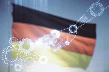Abstract virtual robotics technology hologram on German flag and sunset sky background. Robot development and automation concept. Multiexposure