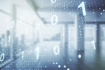 Fototapeta premium Abstract virtual binary code sketch on empty classroom background, hacking and matrix concept. Multiexposure