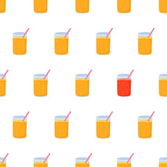 Cartoon seamless pattern for fabric design with glass of orange juice. Eye catching element - red juice. Colorful background.