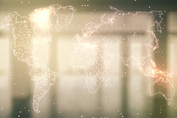 Multi exposure of abstract graphic world map on modern interior background, big data and networking concept