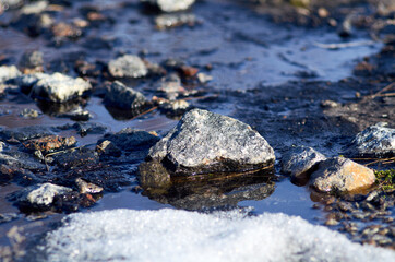 Fototapeta na wymiar Photo of melting snow, water and small stones