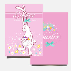 Happy Easter postcard with colored easter eggs and white rabbit