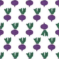 Cartoon seamless pattern for paper design with purple kohlrabi root with green leaf. Colorful background. Eye catching element - inverted vegetable.