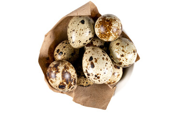 Boiled spotted quail eggs in a white ceramic  bowl , isolated on white background.  Healthy Food Products Concept