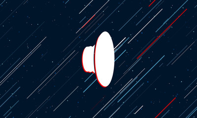 Large white speaker symbol framed in red in the center. The effect of flying through the stars. Seamless vector illustration on a dark blue background with stars and slanted lines