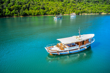 Obraz premium The Lima Canal with a pleasure boat at anchor. Croatia, Istria. Shooting from a drone.