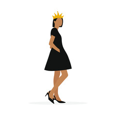 Young female character in a black dress and with a crown on her head stands on a white background