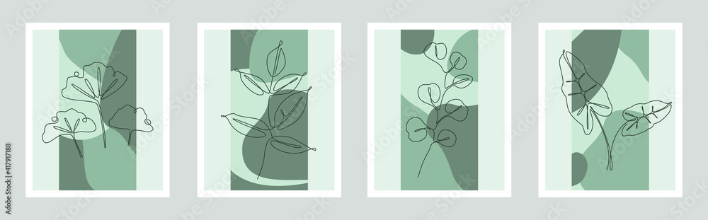 Poster botanical wall art vector set. foliage continuous one line drawing with abstract shape. minimalist a